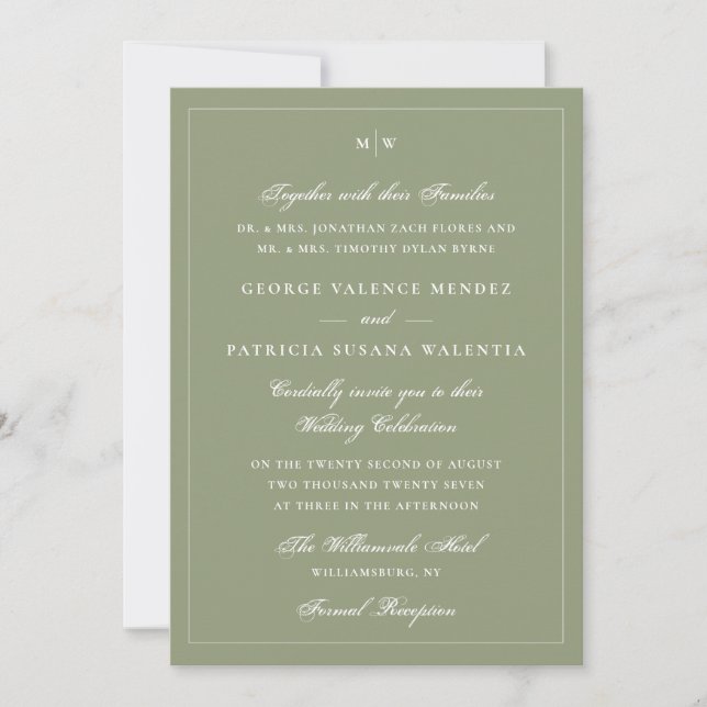 Elegant Moss Green Black Tie Monogram Wedding Invitation (Front)