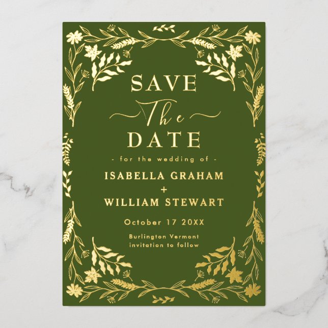 Elegant Moss Green Chic Boho Save The Date Foil Invitation (Front)