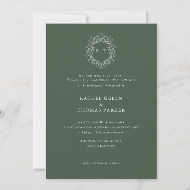 Elegant Moss Green Crest Monogram Wedding  Invitation (Front)