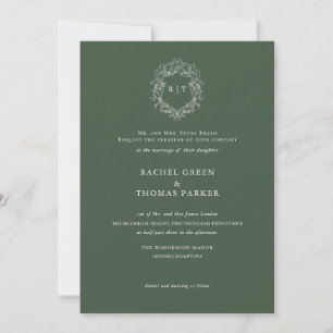 Elegant Moss Green Crest Monogram Wedding  Invitation