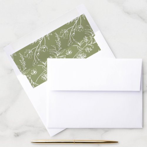 Elegant Moss Green Line Art Floral Wedding Envelope Liner