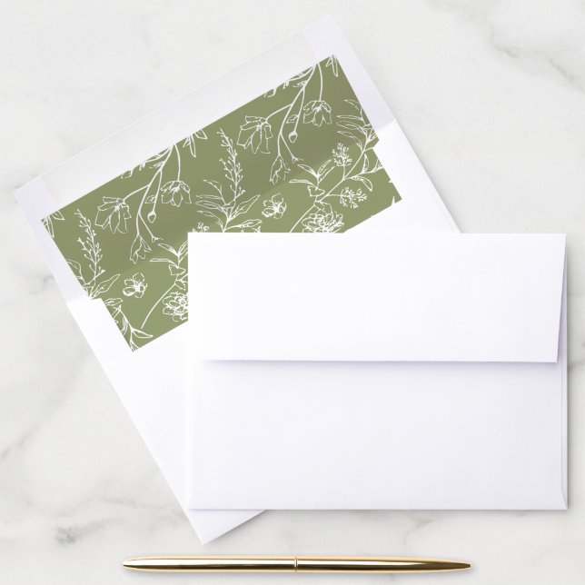 Elegant Moss Green Line Art Floral Wedding Envelope Liner (Desk)
