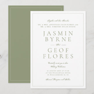 Elegant Moss Green & White Classic Wedding Invitation