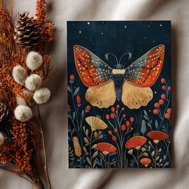 Elegant Moth Autumn Foliage Navy Blue Christmas  Postcard (Creator Uploaded)