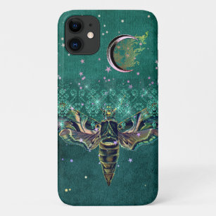 Elegant moth moon emerald night  lace green iPhone 11 case
