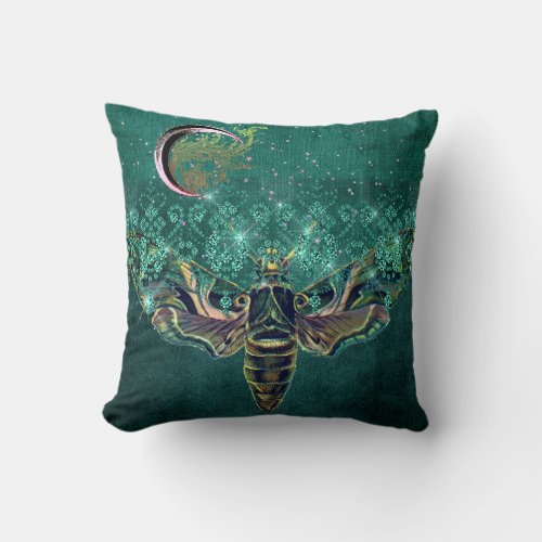 Elegant moth moon emerald night lace green gothic throw pillow