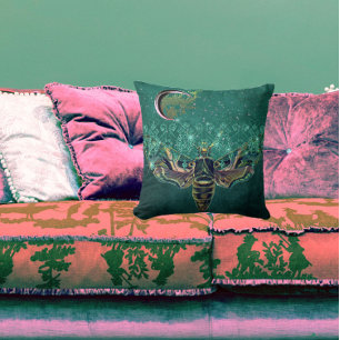 Elegant moth moon emerald night lace green gothic throw pillow