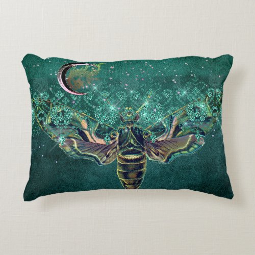 Elegant moth moon emerald night sparkle lace green accent pillow