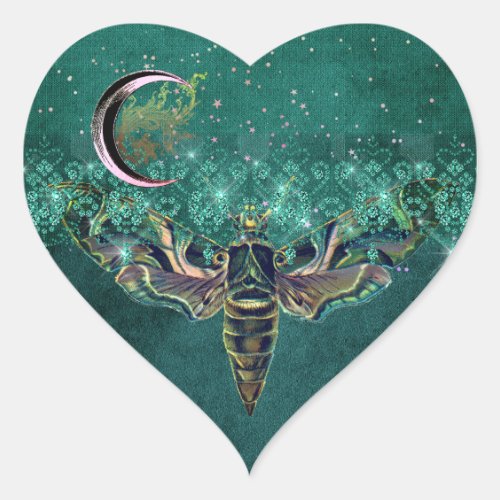 Elegant moth moon emerald night sparkle lace green heart sticker