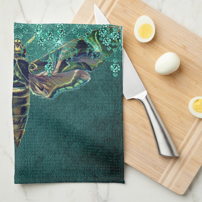 Elegant moth moon emerald night sparkle lace green kitchen towel (Quarter Fold)