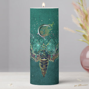 Elegant moth moon emerald night sparkle lace green pillar candle
