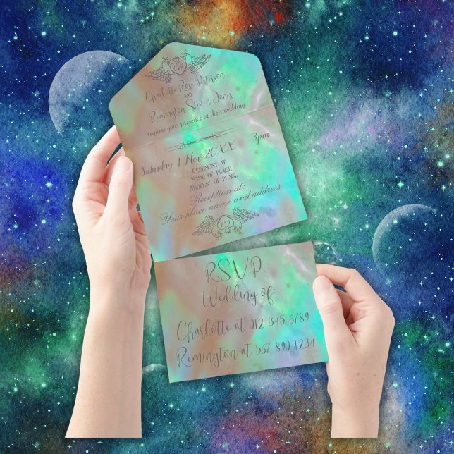 Elegant Mother-of-Pearl Green Wedding All In One Invitation (Creator Uploaded)