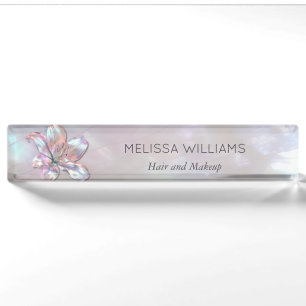 Elegant Mother-of-Pearl Lily Desk Name Plate