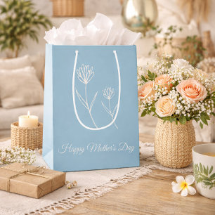 Elegant Mother"s Day Dusty Blue Simple Flowers Medium Gift Bag
