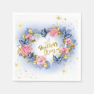 Elegant Mother’s Day I Pink Rose & Blue Butterfly Napkins