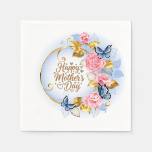 Elegant Mother’s Day I Pink Rose & Blue Butterfly Napkins