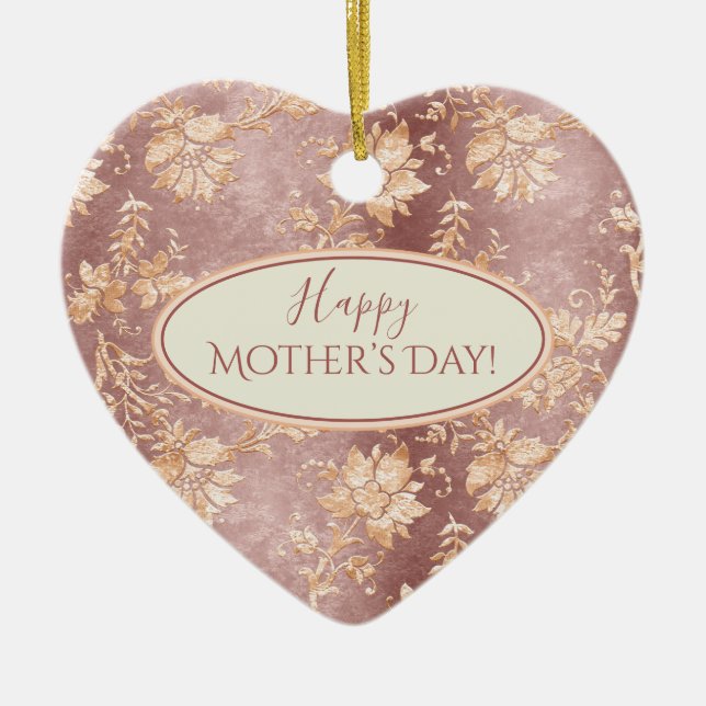 Elegant Mother’s Day Keepsake Heart Damask Ceramic Ornament (Front)