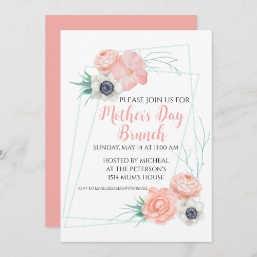 Elegant Mothers Day Brunch Pink Floral Invitation