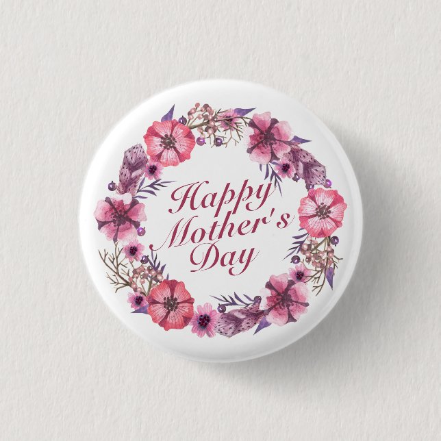 Elegant Mother's Day Floral Wreath Pin Button (Front)