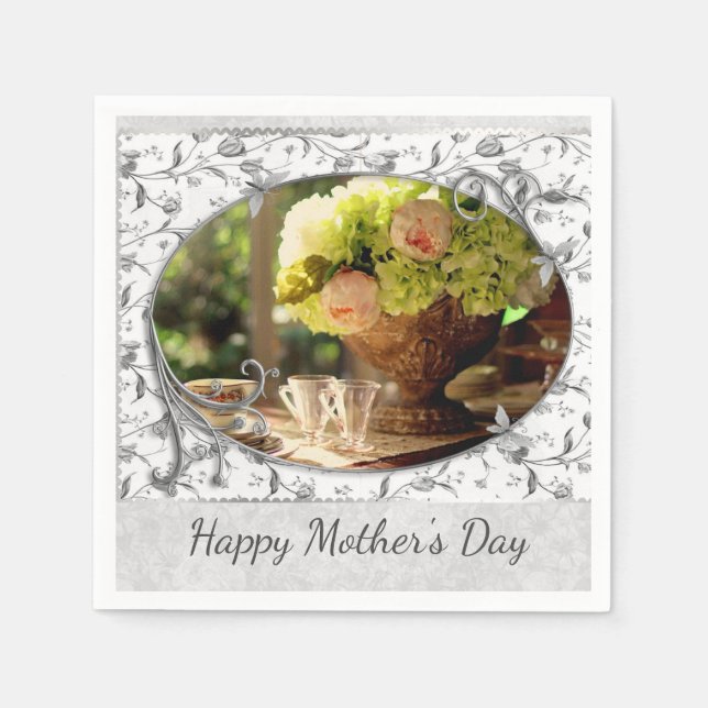 Elegant Mother's Day Gray Floral Paper Napkin (Front)
