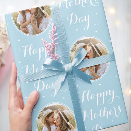 Elegant Mothers Day Personalized Photo Blue Wrapping Paper