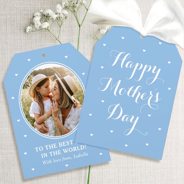 Elegant Mother's Day Photo Script Blue White Card (Creator Uploaded)
