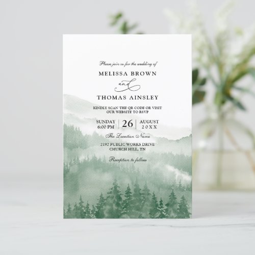 Elegant Mountain Forest Budget QR Code Wedding Invitation