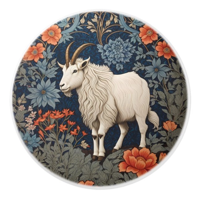 Elegant Mountain Goat William Morris Inspired  Ceramic Knob (Front)