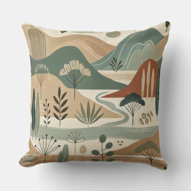  Elegant Mountain Landscape Pillow – Earthy Tones  (Front)