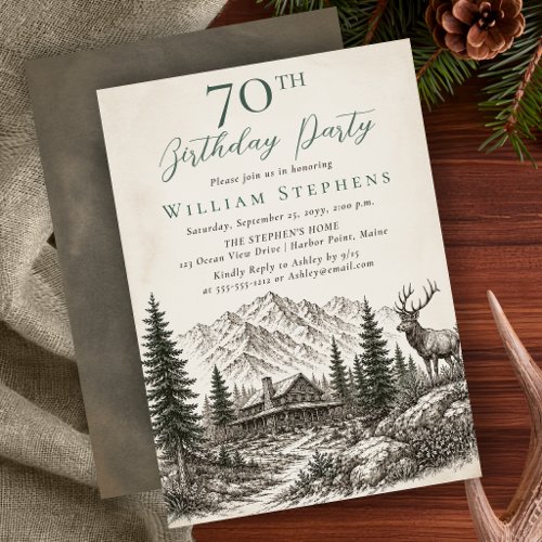 Elegant Mountain Lodge Woodland Deer 70th Birthday Invitation