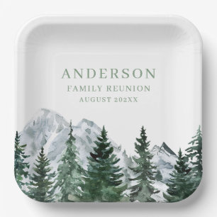 Elegant Mountain Watercolor Family Reunion  Paper Plates