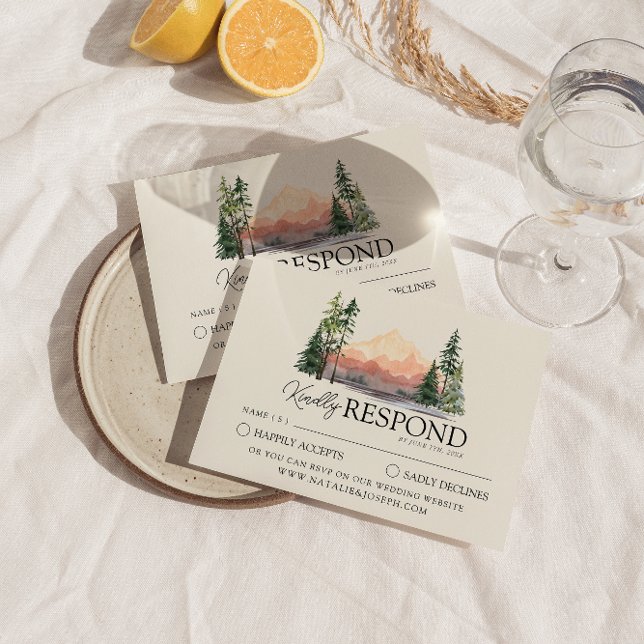 Elegant Mountain Watercolor Woodland Pine Wedding  RSVP Card (Creator Uploaded)