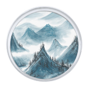 Elegant Mountains Blue Artistic Painting Silver Fi Finish Lapel Pin