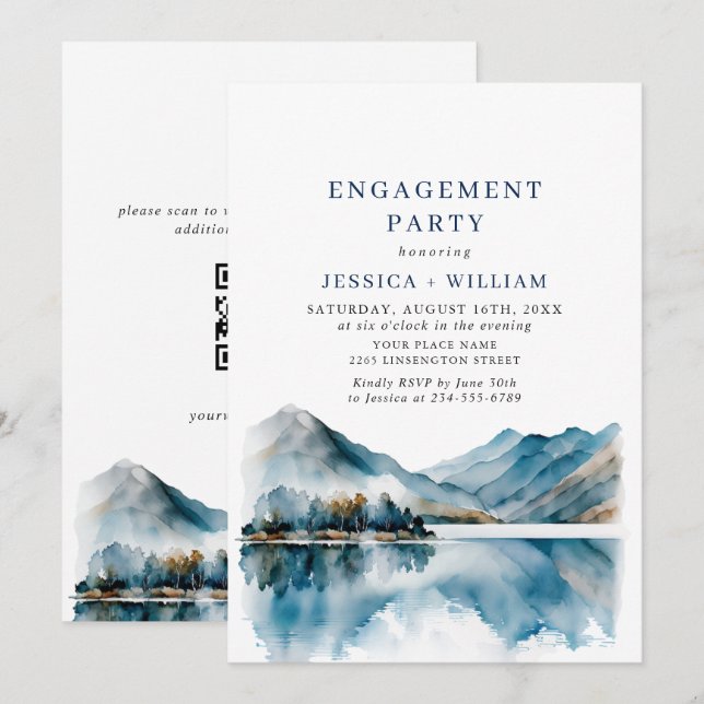 Elegant Mountains Forest Engagement Party QR code Invitation (Front/Back)