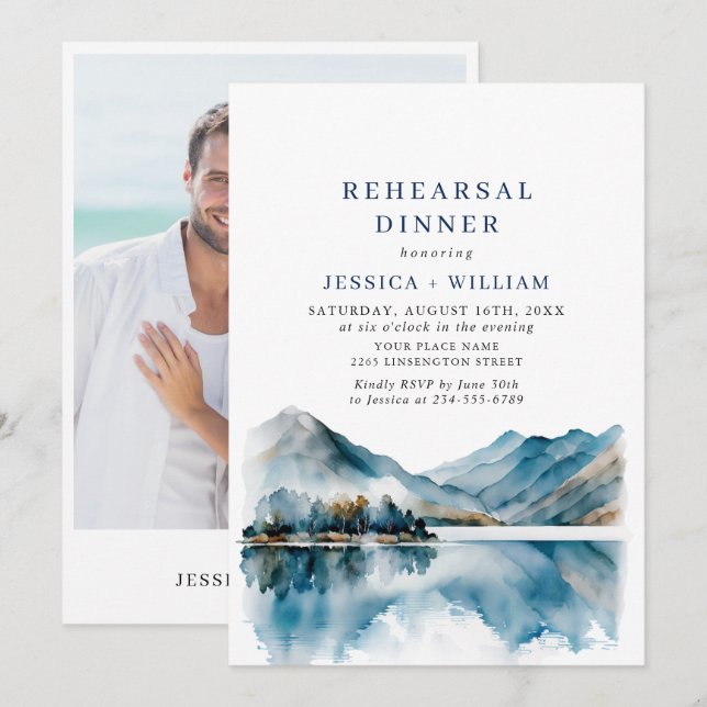 Elegant Mountains Forest Rehearsal Dinner Photo Invitation (Front/Back)