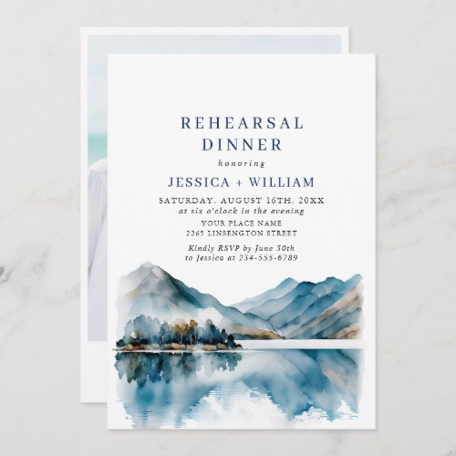 Elegant Mountains Forest Rehearsal Dinner Photo Invitation