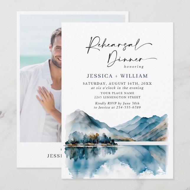 Elegant Mountains Forest Rehearsal Dinner Photo Invitation (Front/Back)