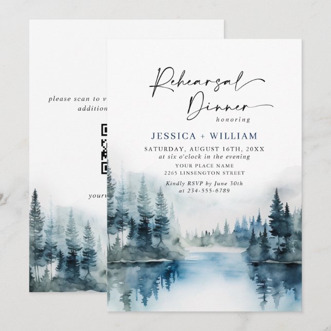 Elegant Mountains Forest Rehearsal Dinner QR code Invitation (Front/Back)