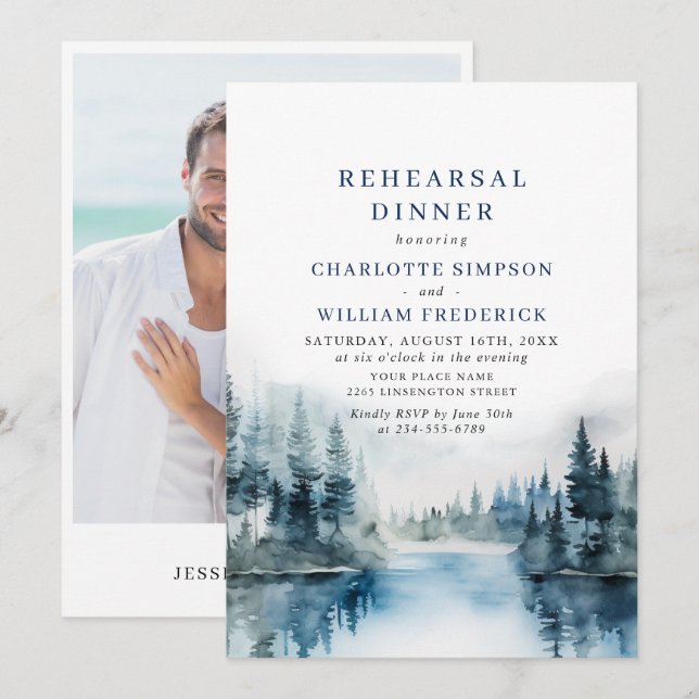 Elegant Mountains Forest Rehearsal Dinner QR code Invitation (Front/Back)