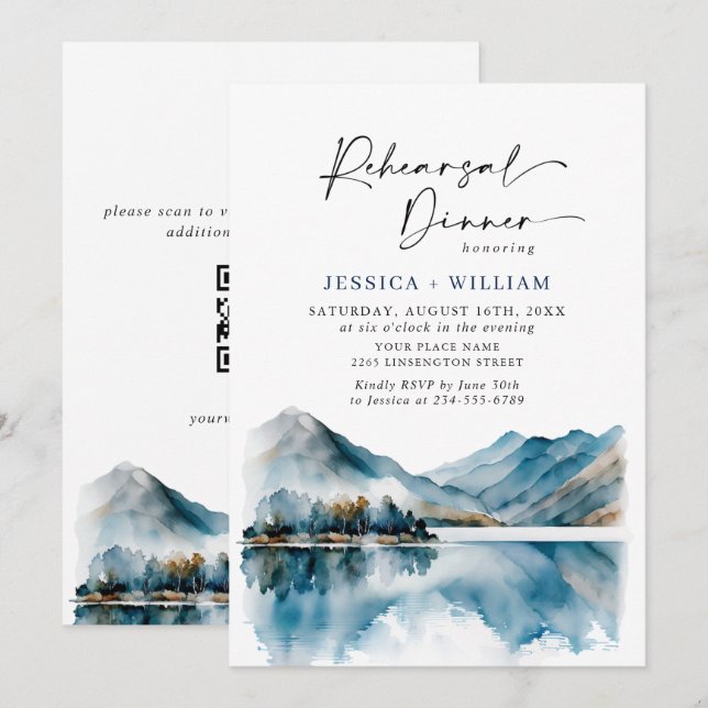 Elegant Mountains Forest Rehearsal Dinner QR code Invitation (Front/Back)