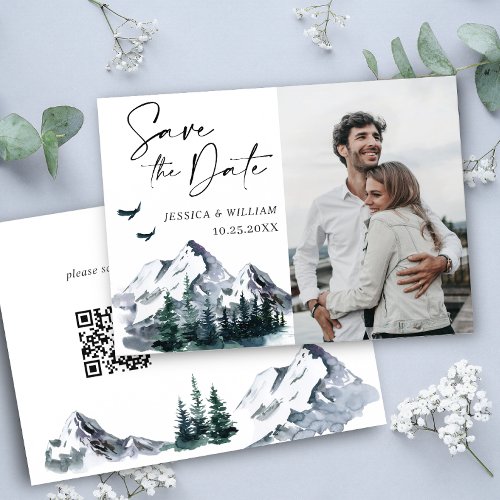 Elegant Mountains Forest Wedding Photo QR code Save The Date