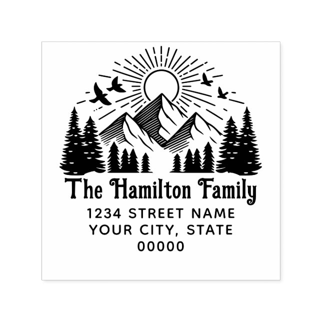 Elegant Mountains Trees Sun Birds #2 Name Address Self-inking Stamp (Design)