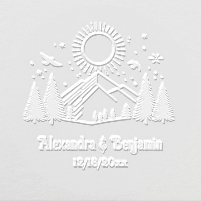 Elegant Mountains Trees Sun Birds Couple Name Date Embosser (Design)