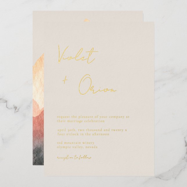 Elegant Mountains Wedding Gold Foil Invitation (Front/Back)