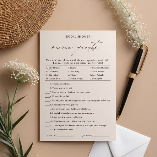 Elegant Movie Love Quotes Bridal Shower Game Card