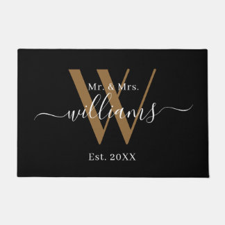 Elegant Mr And Mrs Black Gold Monogram Name Script Doormat