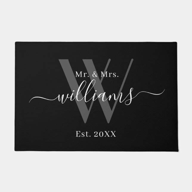 Elegant Mr And Mrs Black Gray Monogram Name Script Doormat (Front)