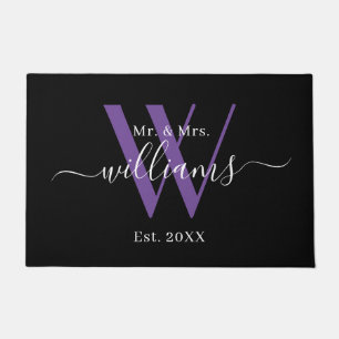 Elegant Mr And Mrs Black Purple Monogram Name Doormat