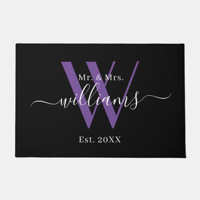Elegant Mr And Mrs Black Purple Monogram Name Doormat (Front)