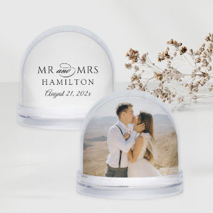 Elegant Mr and Mrs Black Wedding Monogram Photo Snow Globe